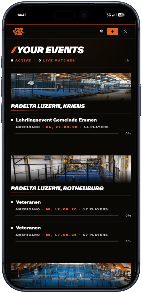 The same public tournament page in the Padelta brand on a phone.