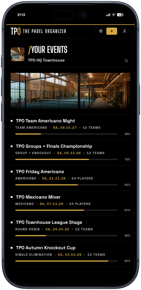 The public player view on a phone: live scores and your next match.